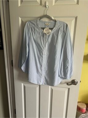 NWT-Lucky Brand Light Blue Striped Blouse with White Lace